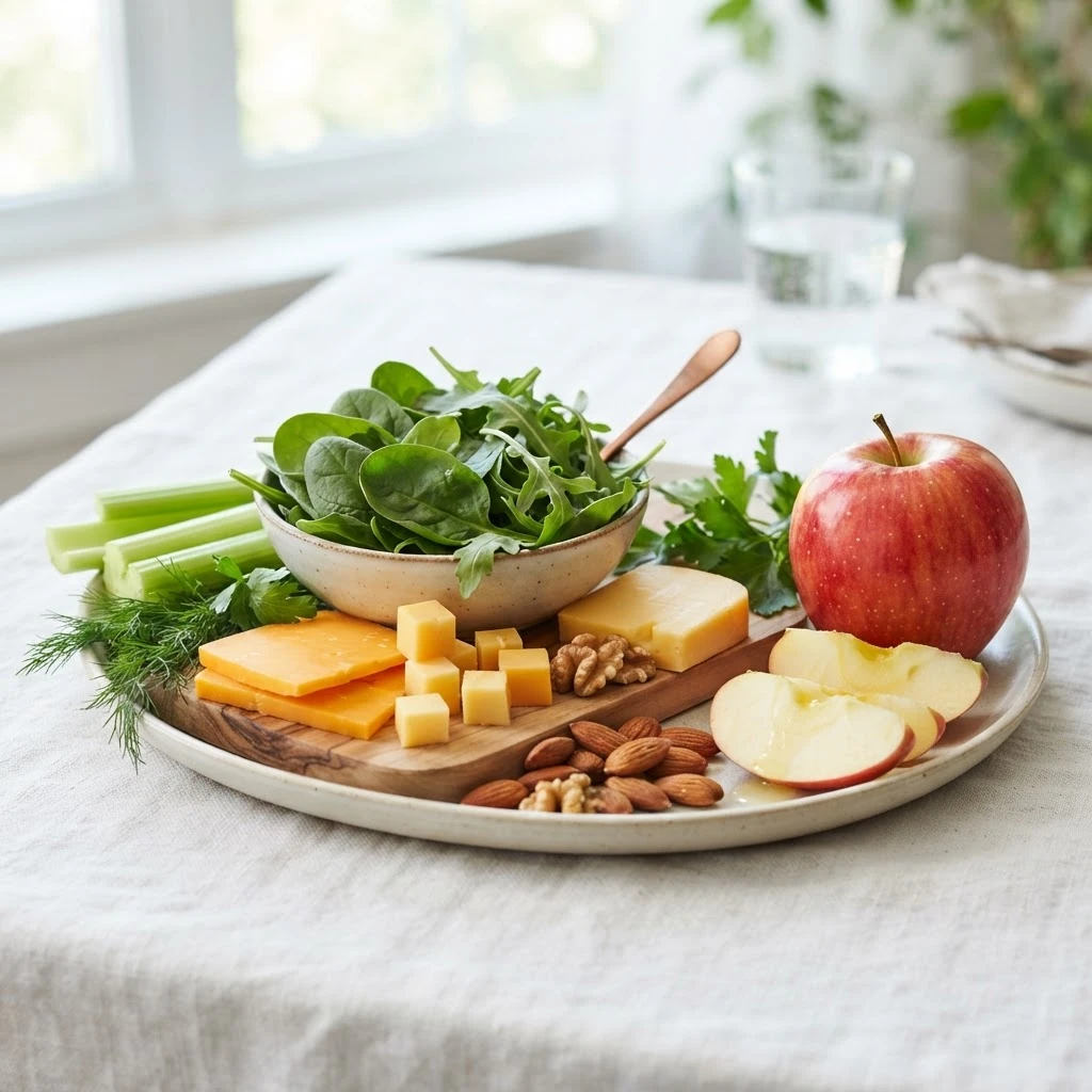 Fresh tooth-healthy foods including greens, cheese, nuts, and apples
