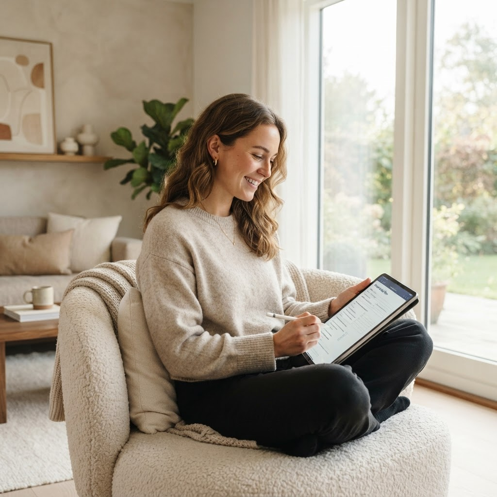 A patient comfortably completing digital new patient forms on a tablet