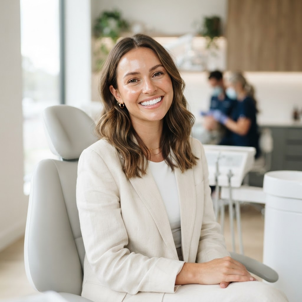 Confident woman with a bright, radiant smile in a modern dental office