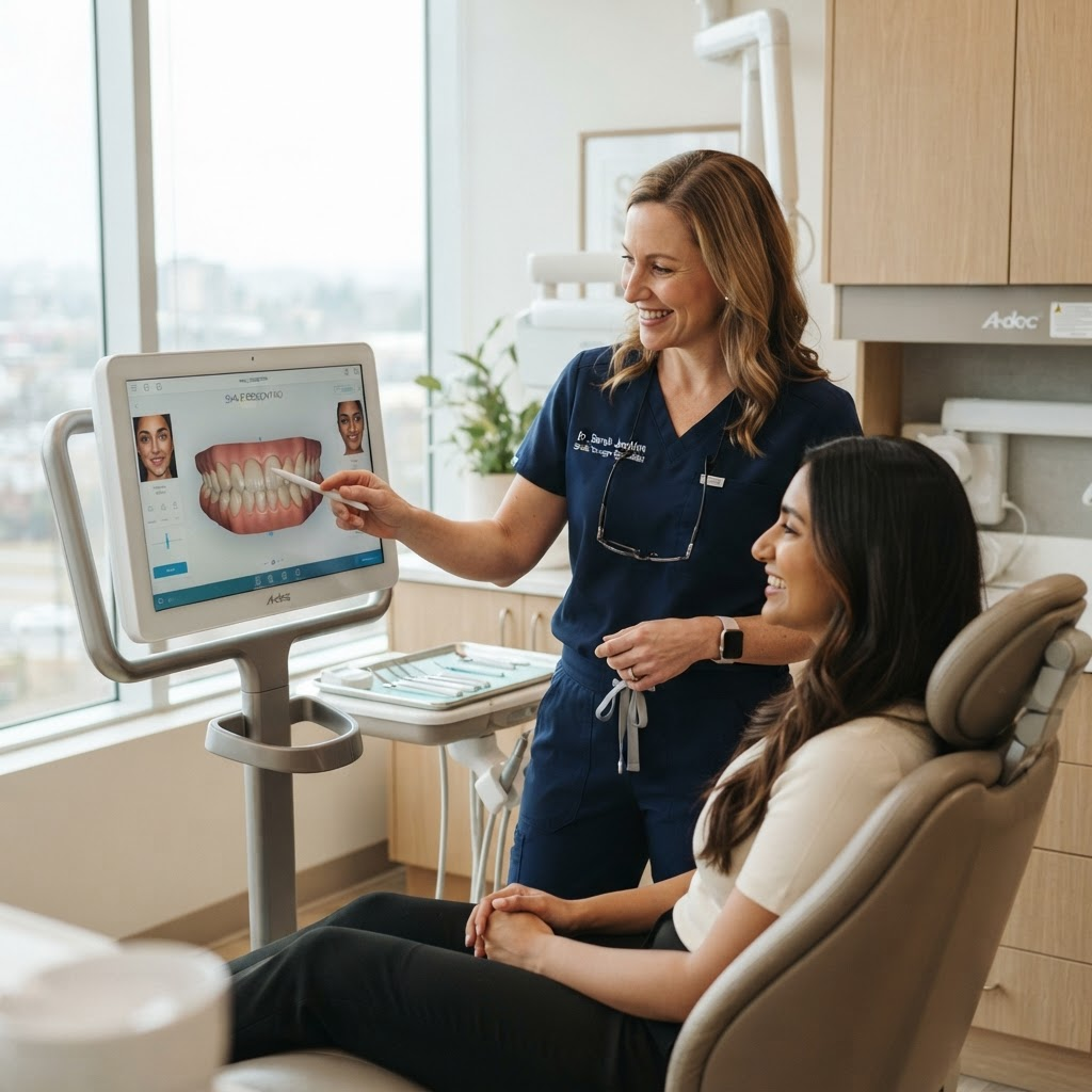 Dentist reviewing a 3D digital smile design with a patient