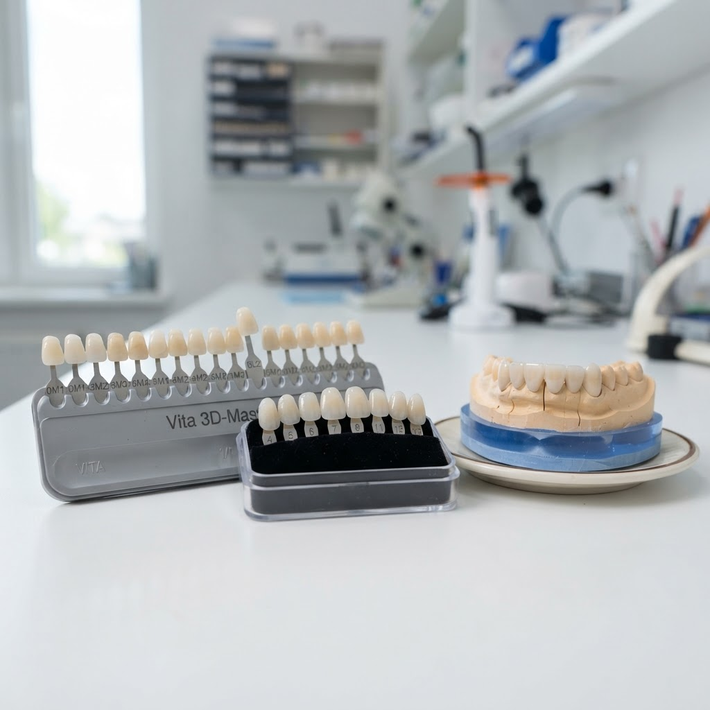Porcelain veneers and shade guide beside a smile mockup model