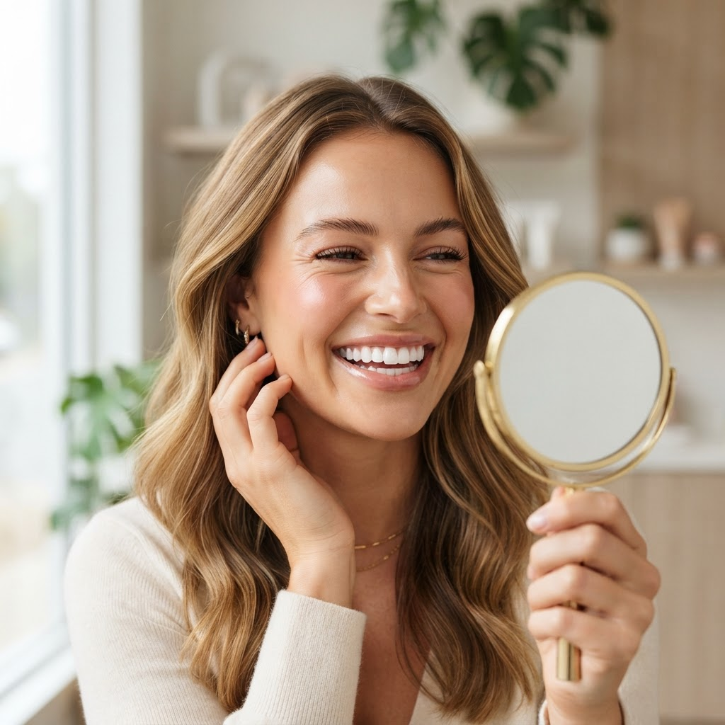 Woman delighted with her flawless new white smile