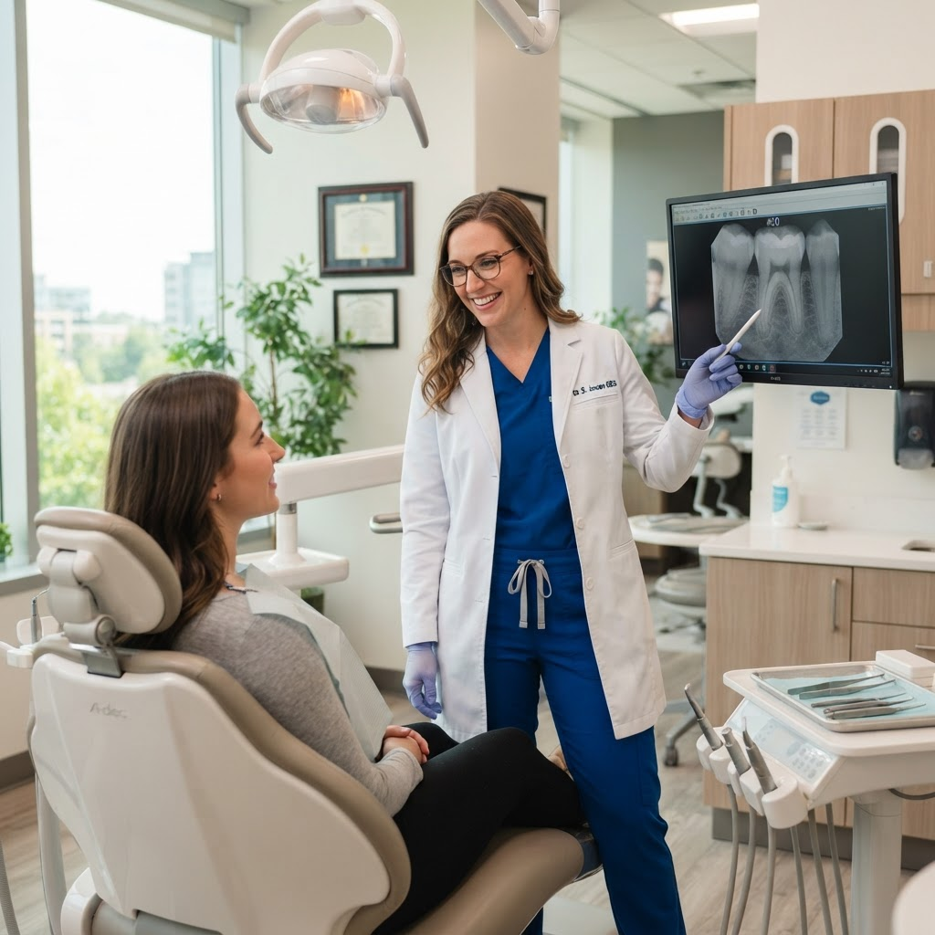Dentist reviewing a tooth X-ray with a patient on a monitor
