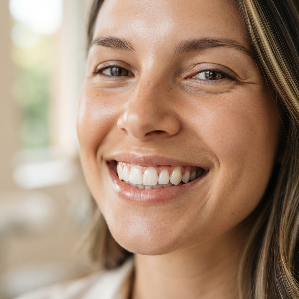 Close-up of a healthy restored tooth and a bright confident smile