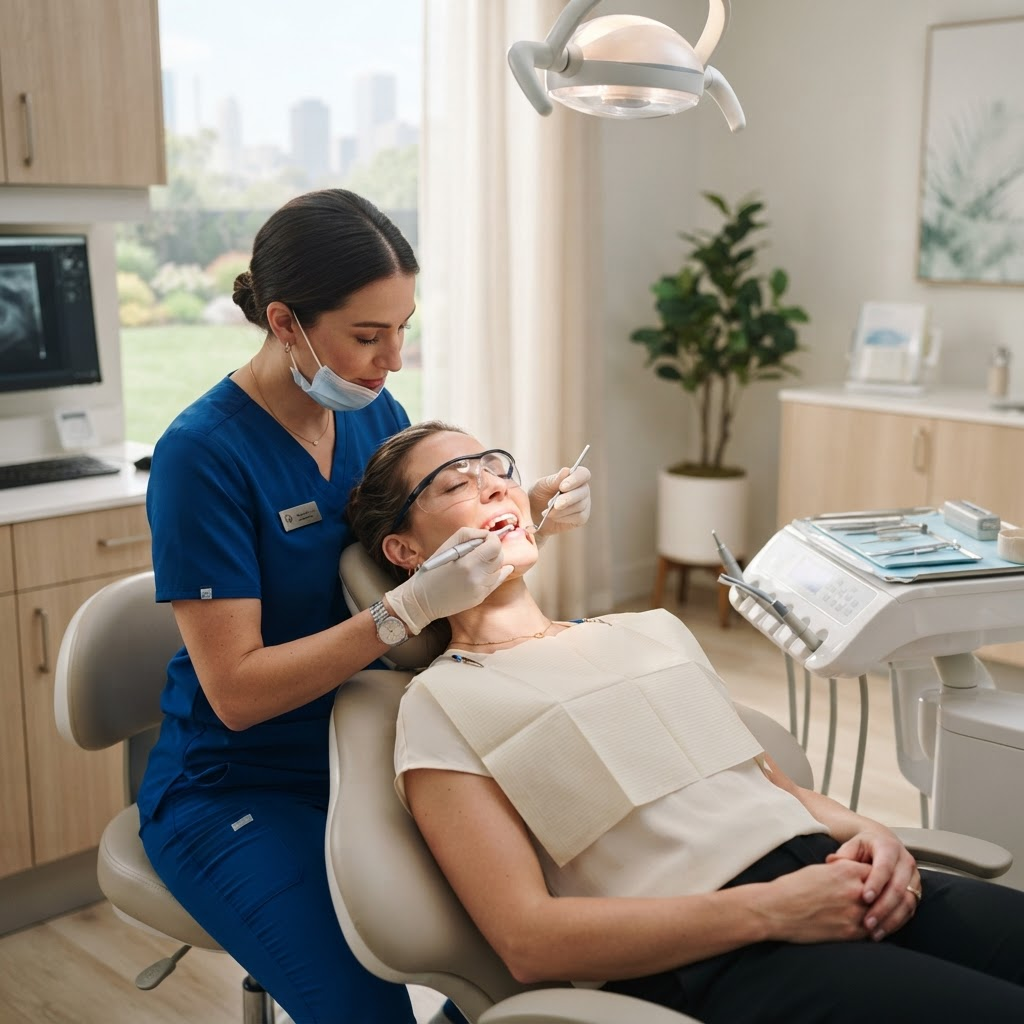 Dental hygienist gently cleaning a relaxed patient's teeth