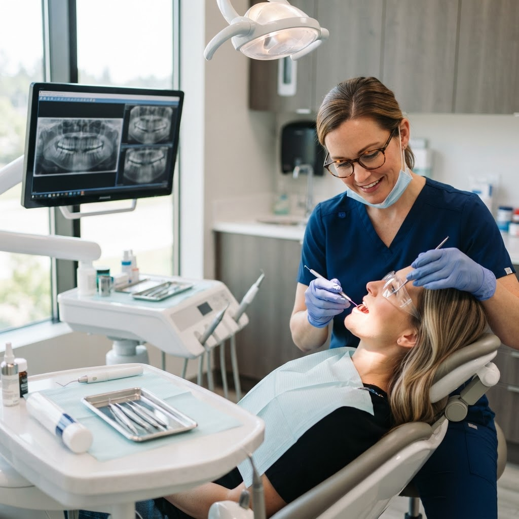 Dentist performing a careful exam with digital X-rays visible