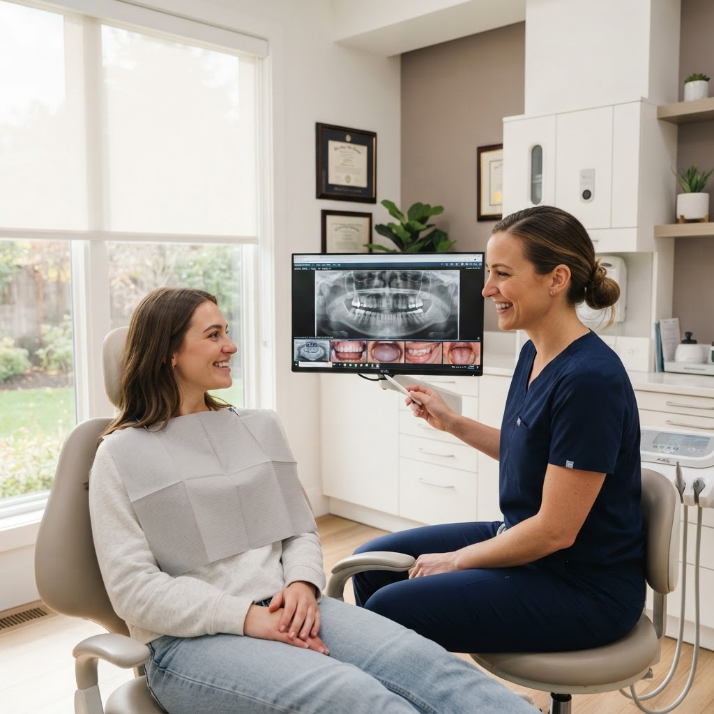 Dentist reviewing results with a patient on a private monitor