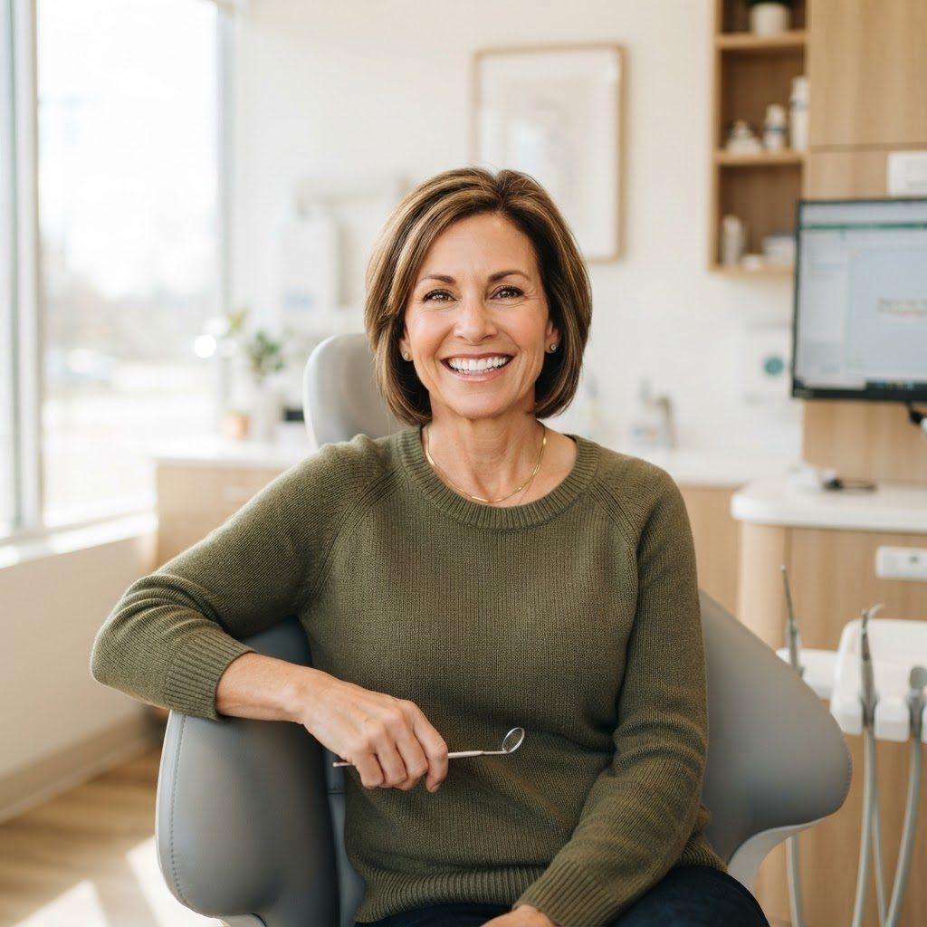 Confident patient smiling in a bright modern dental office