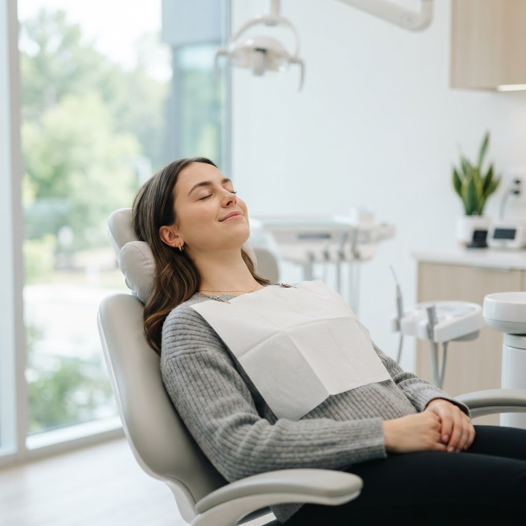 Relaxed patient reclining comfortably in a modern dental chair