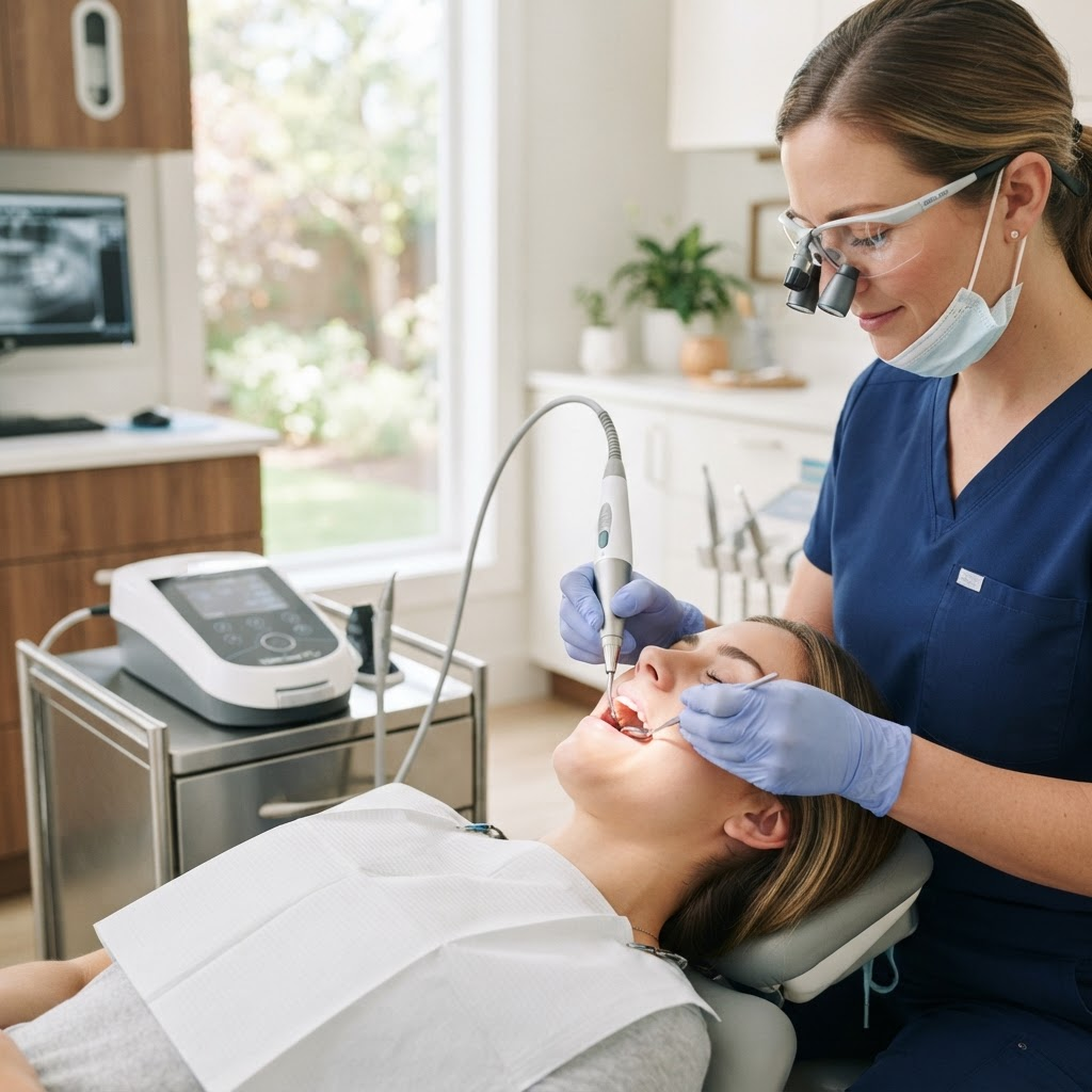 Modern dental laser handpiece used in a clean treatment room