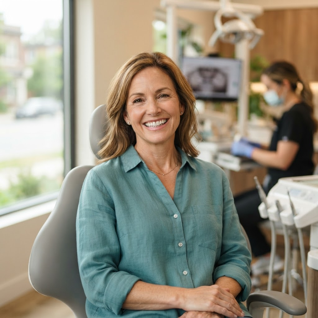 Confident patient with a healthy restored smile in a modern dental office