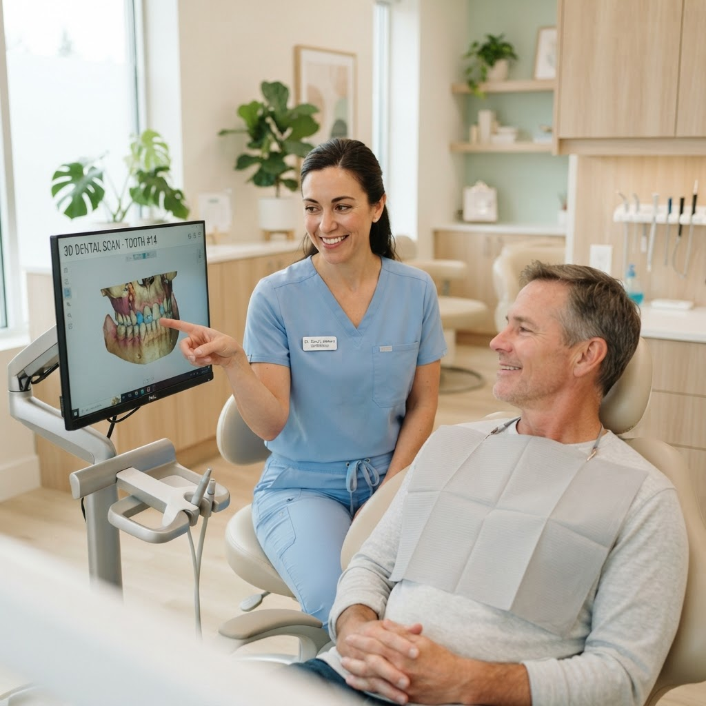 Dentist examining a patient's teeth and reviewing a plan on a monitor