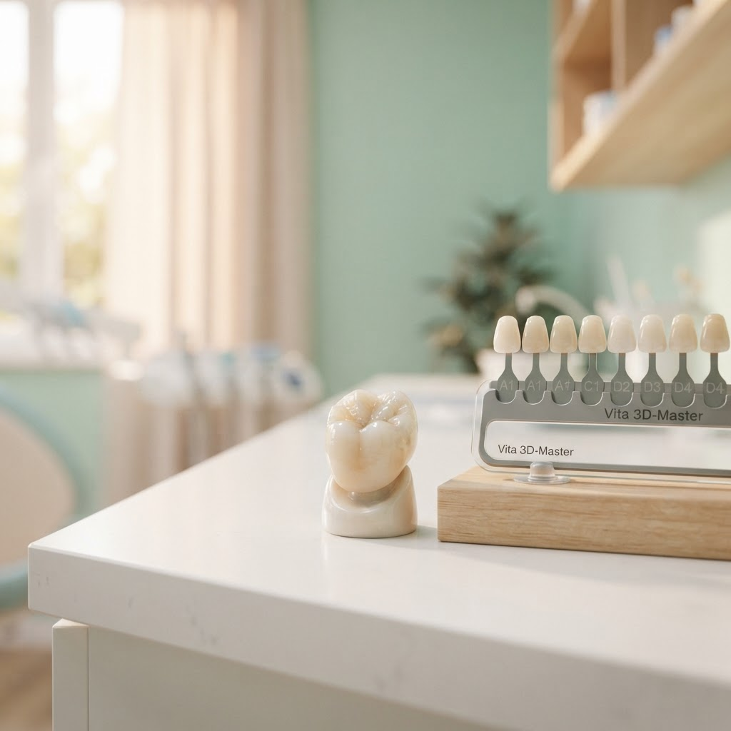Custom dental crown and ceramic restoration beside a shade guide