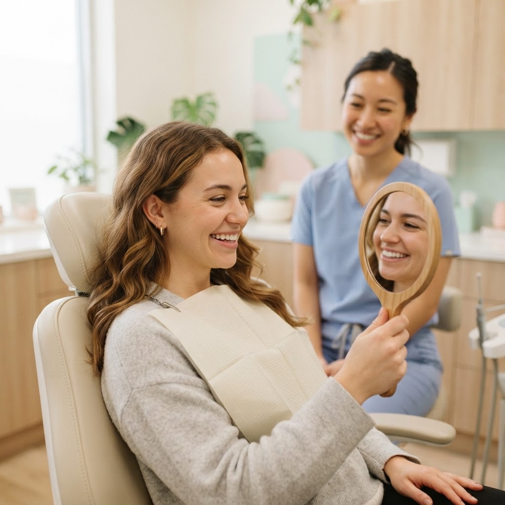 Happy patient admiring their restored smile in a hand mirror