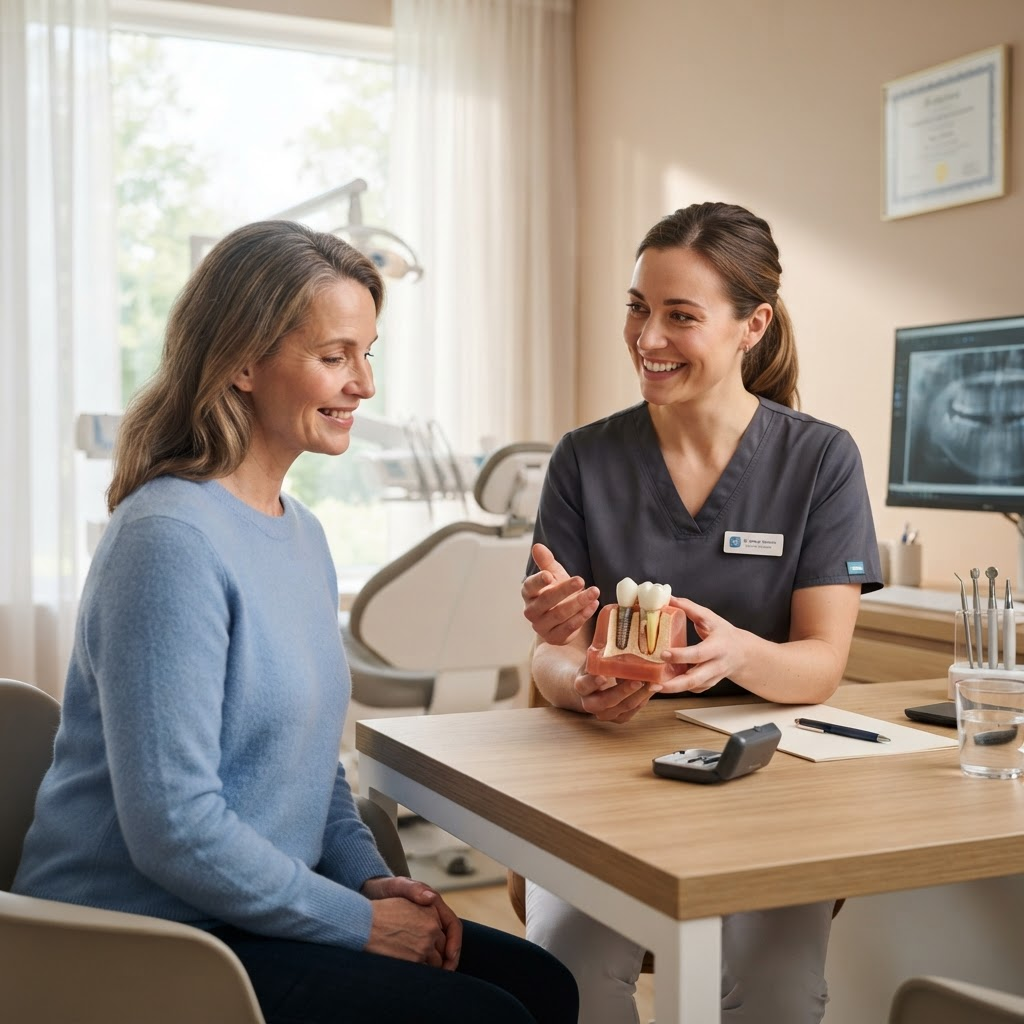 Dentist reviewing a dental implant model with a patient