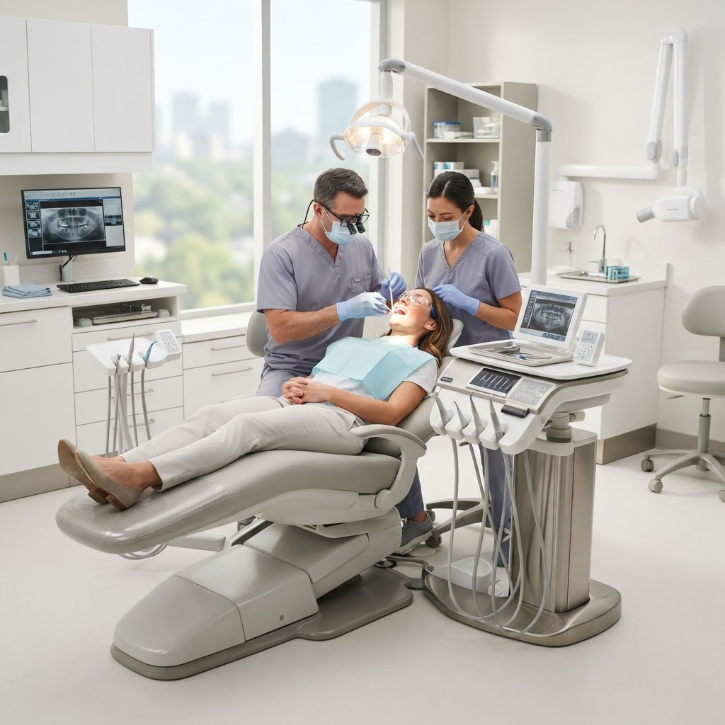 Modern, clean dental treatment room with advanced equipment